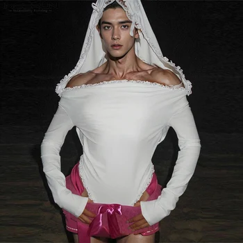 INCERUN النمط الأمريكي بذلة أنيقة مثير الرجال الدانتيل المرقعة مقنعين تصميم بذلة الترفيه الصلبة طويلة الأكمام ارتداءها S-5XL