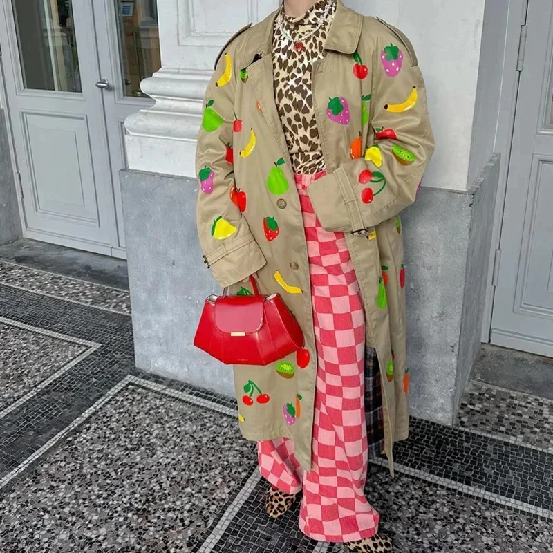 

Fruit Print Coat Plant Flower Coat Korea Single Row Multi Button Checkered Long Sleeved Coat Khaki Lapel Loose Long Coat New