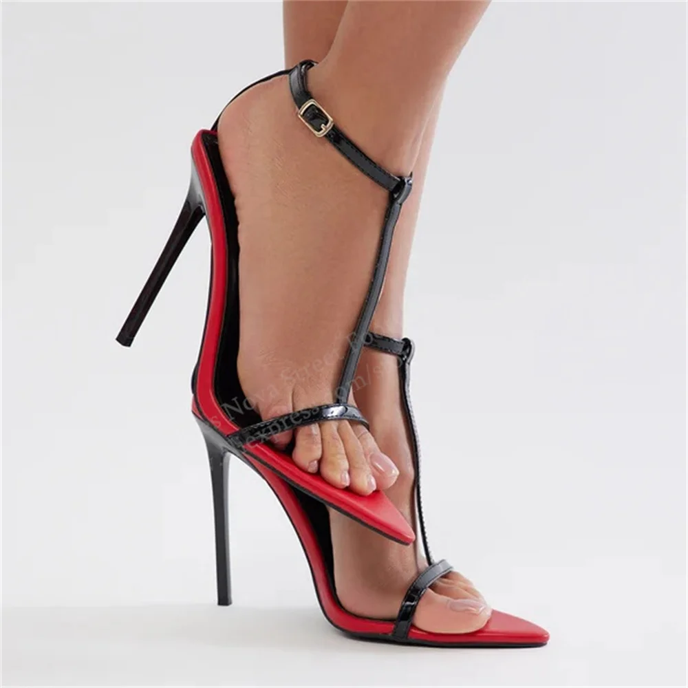 Black Red Leather Patchwork High Heel Sandals Women Sexy Open Toe Stiletto Heel T-Strap Slingback Buckle Ankle Strap Shoes - view 4