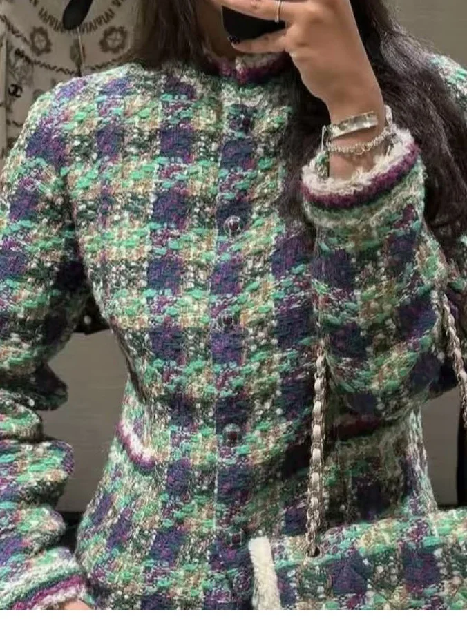 Zimní novinka 2025 – tvídový kabát s kostkovaným vzorem ve francouzském stylu, elegantní a všestranný, kulatý výstřih - náhled 3