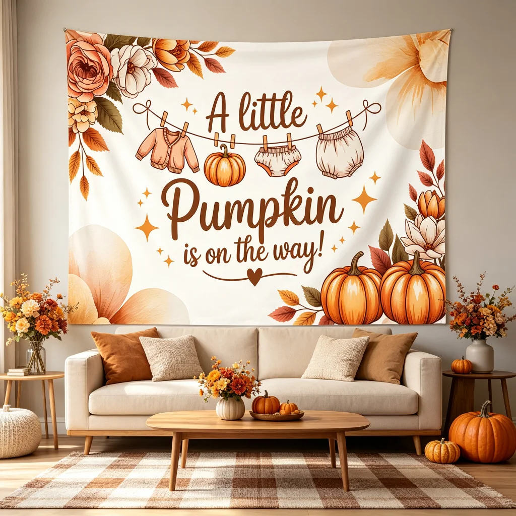 1PC Fall Floral Pumpkin Baby Shower Print Backdrop Banner, Bedroom Photo Background, Polyester, Party Decoration, Polyester
