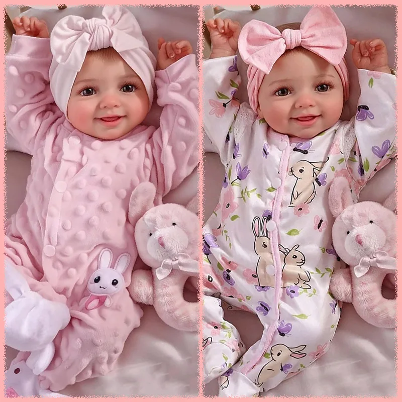 18inch Smiling Soft Cloth Body Lifelike Reborn Baby Doll Hand Painted Hair Multiple Layers Painting 3D Skin Art Doll