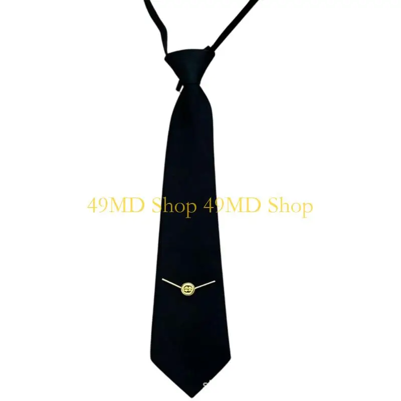 49MD Easy Strap Black Necktie with Gold-Tone V Accent Adjustable Ties for Commute
