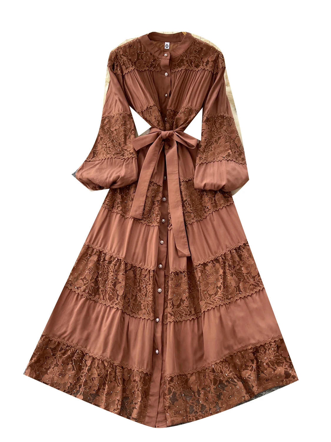 Ele Lace Waist Cinching Long Dr Women's Autumn 2025 High Waist A-Line Korean Sle Commute Long Sve Ci Dr