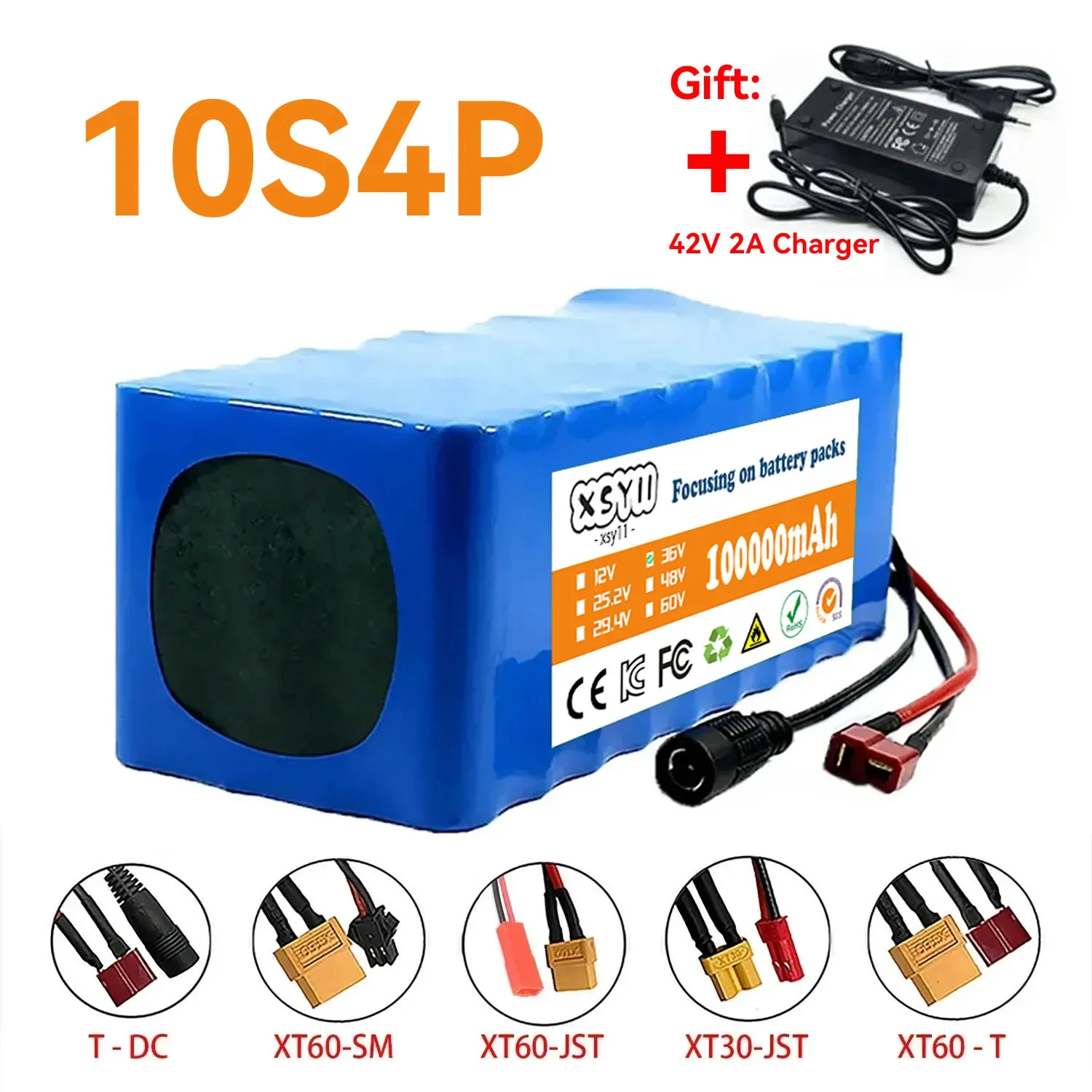 36V 42V 10S4P 100Ah 18650 High-Capacity Power 42V 750W 1000W Lithium Battery Pack For Electric Car Bicycle Scooter Belt 30A BMS