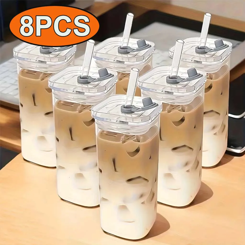 1/4/6/8PCS Square Glass Cups With Lids And Straws, 13oz Reusable Glass Coffee Cups, For Home School Outdoor Wedding Gift