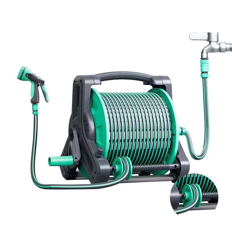 Automatic Yardworks 40M Hose Storage Stainless Steel Retractable Resin Heavy Water Garden  Hose Reel Cart-2 Wheels