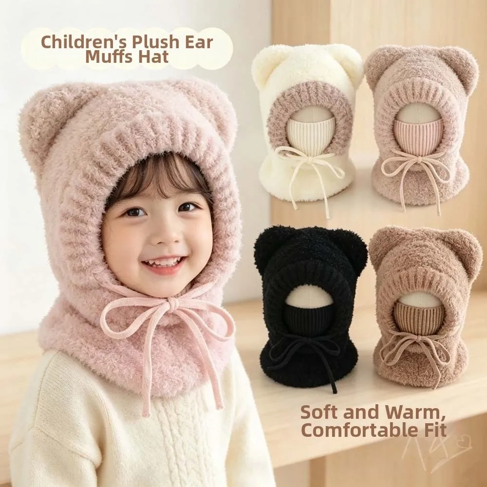 Ear Protection Cap Thickened Hooded Scarf Hat Knitted Fluffy Winter Beanie Integrated Windproof Neck Warmer Hat Girls