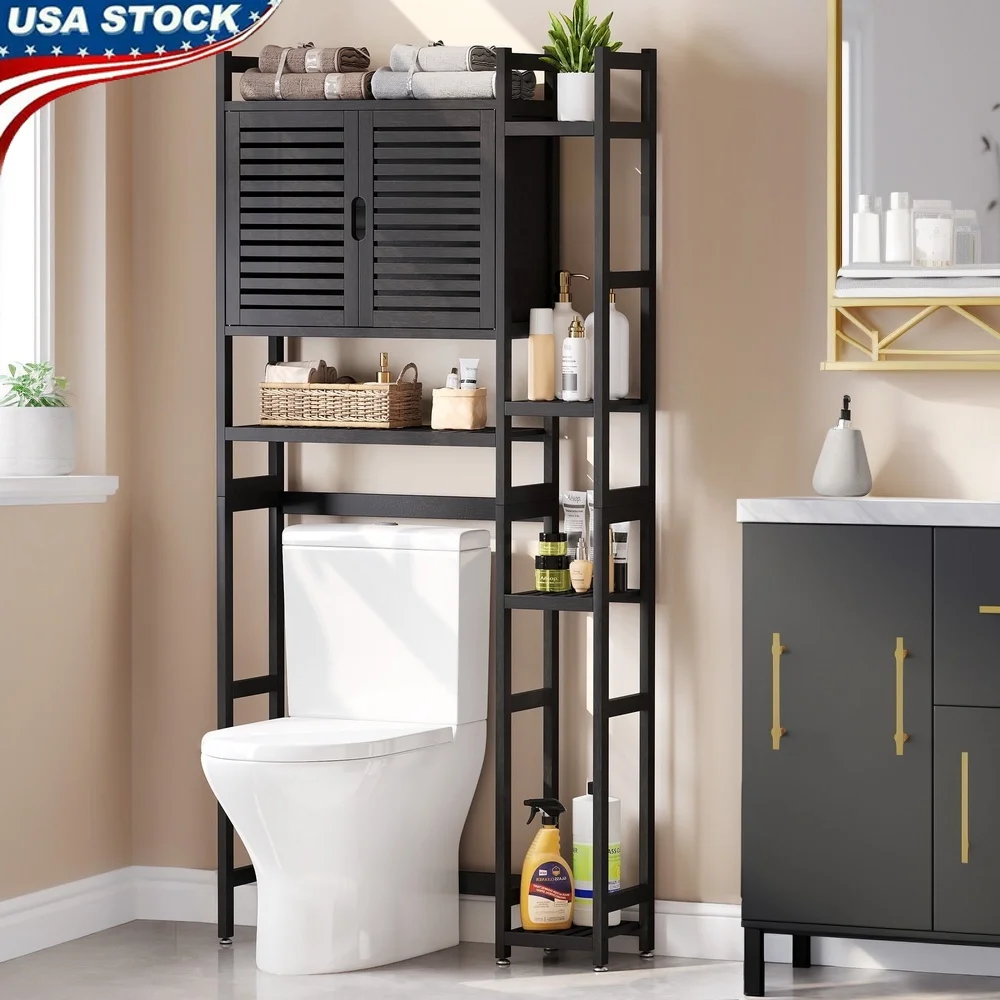 

Шкаф для хранения над унитазом с дверцами и полками Органайзер для ванной комнаты Экономия места Бамбуковое дерево Прочный дизайн Легкая сборка