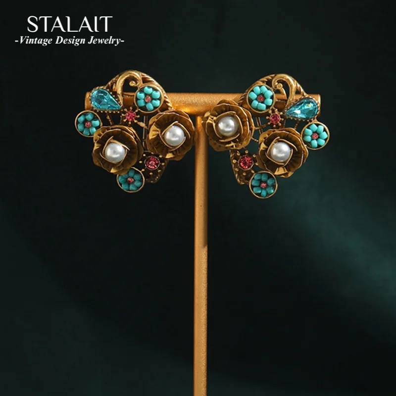 

Bohemia Flower Rice Beads Stud Earrings Vintage Natural Freshwater Pearl French Design Jewelry Enfashion Ear Rings for Women