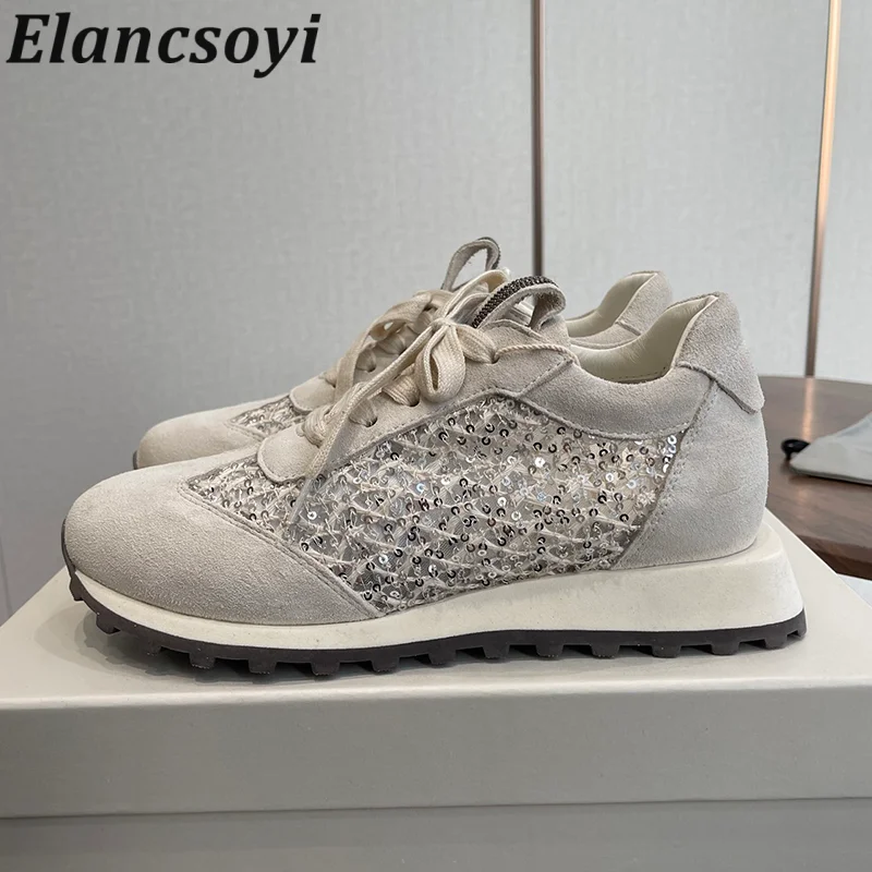 Flat Shoes Women Cow Suede Splicing Mesh Lace Up Casual Shoes Spring Autumn Hollow Surface Breathable Sequin Decor Tennis Shoes