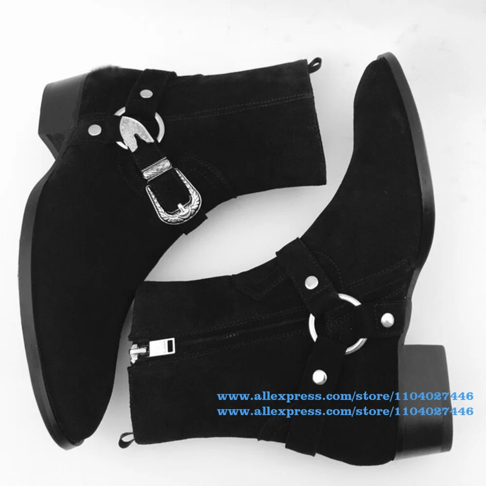 Botas Chelsea con anillos de Metal, zapatos informales de ante/cuero negro, zapatos masculinos de marca de estilo británico, botines elevados con cremallera lateral para hombre