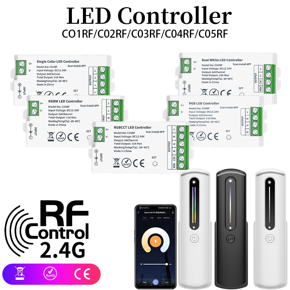 CCT RGB RGBW RGBCCT Controller Dimmer C01RF C02RF C03RF C04RF C05RF 2.4GHz RF Touch Remote RC07RF ~ RC09RF Lampada LED con telecomando