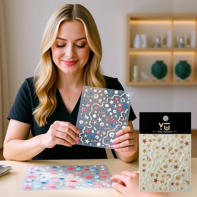 1 vel 5D Glanzende Reliëf Zeester Nagels Stickers Zomer Schelp Nail Sticker Bohemen Strand Zee Conch Nail Decals Decoratie
