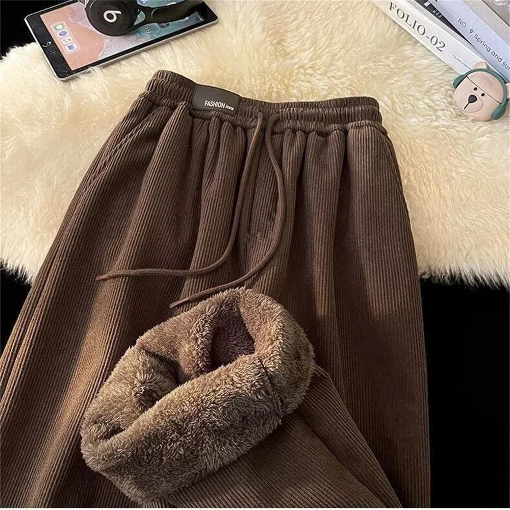 Women Winter Super Warm Fleece Lined Corduroy Pants Elastic Waist Drawstring Thicken Straight Trousers Cold Resistant Loose Pant