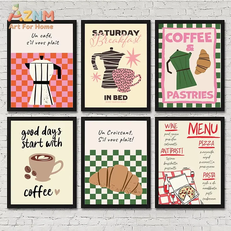 AZNM Funny Retro Kitchen Print Bread Donut Coffee Poster Wall Art Canvas Painting Diner Room Decor Picture No Frame