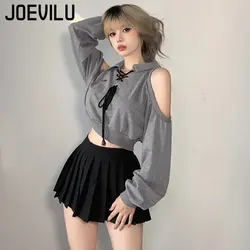 Camiseta sin hombros Vintage de encaje ahuecado cuello de Polo sudadera de manga larga para mujer, Tops cortos ajustados coreanos para mujer, camiseta informal Y2k