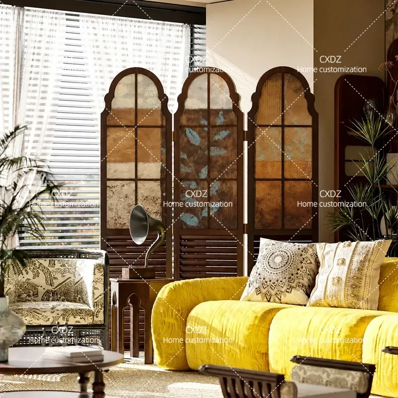 French Retro Solid Wood Screen Partition Foldable Mobile Room Divider for Entrance Living Room Sofa Wabi Sabi Style Home