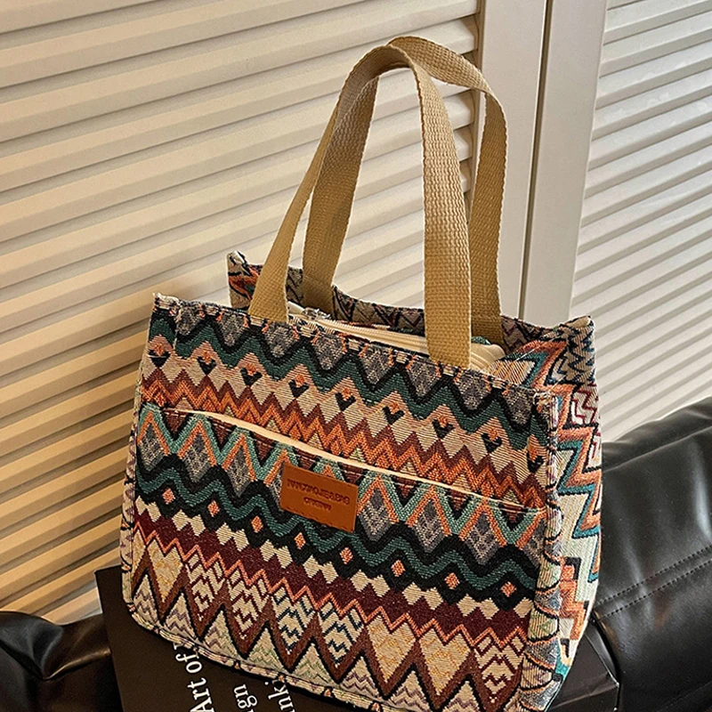 Bohemian Ethno-Stil Geometrischer Druck Canvas-Tragetasche, Bunte Zickzack-Muster Handtasche für Damen, Große Kapazität Pendler-Schultertasche – Detail 14