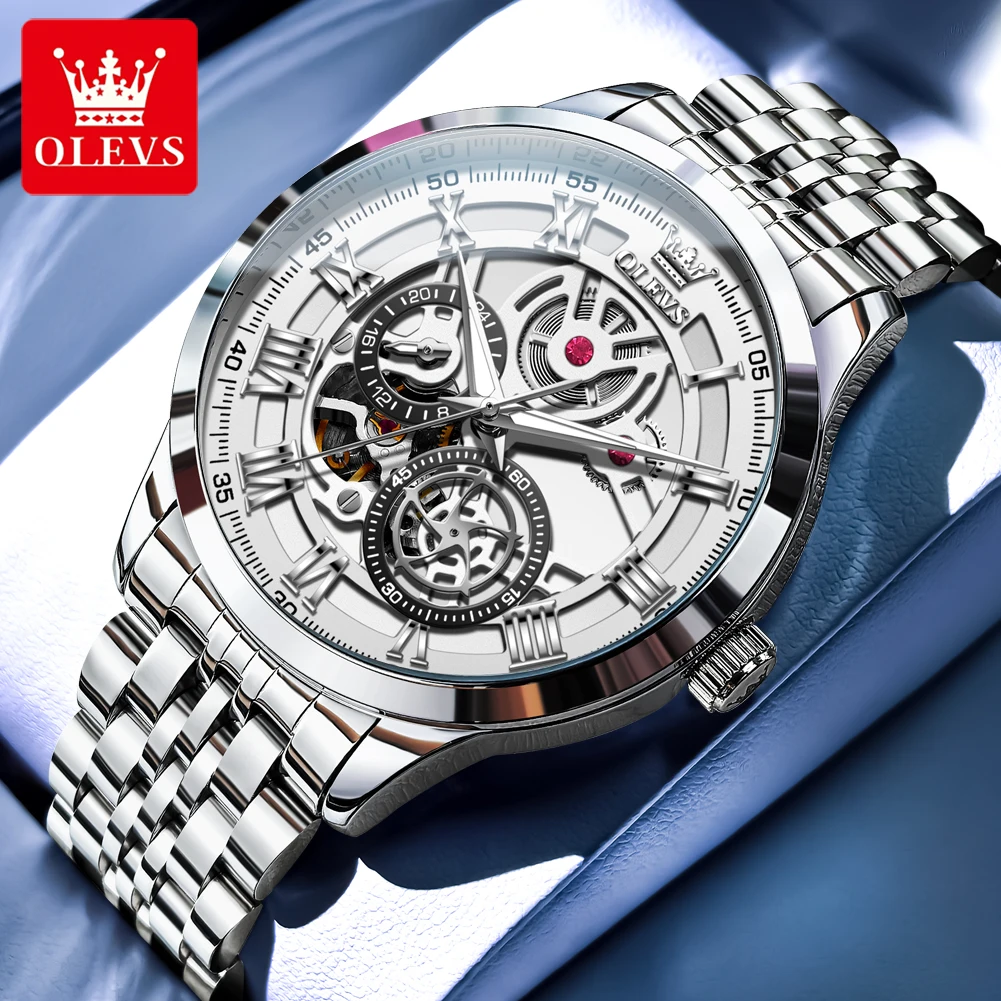 OLEVS Original Skeleton Mechanical Roman Numeral Watch Automatic Luxury Watch Stainless Steel Watches For Men Waterproof 7076