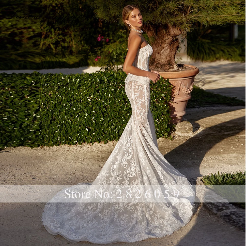 Lceland Poppy Customized Strapless Lace Mermaid Wedding Dresses Sleeveless See Through Bridal Gowns with Court Train