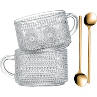 Vintage Glass Coffee Mugs Clear Embossed Tea Cups Glass Coffee Cups for Cappuccino Latte Beverage Christmas Thanksgiving Gifts
