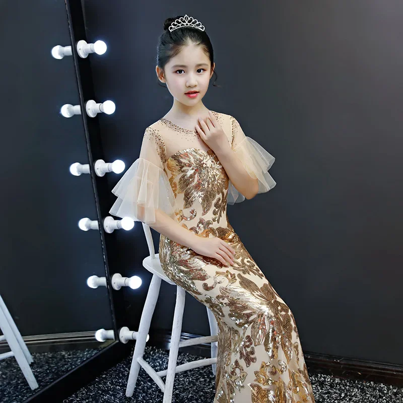 Golden Kid Luxury Sequined Evening Dress Children Girl Bodycon Trumpet Elegant Mermaid Wedding Party Cocktail Birthday Dresses