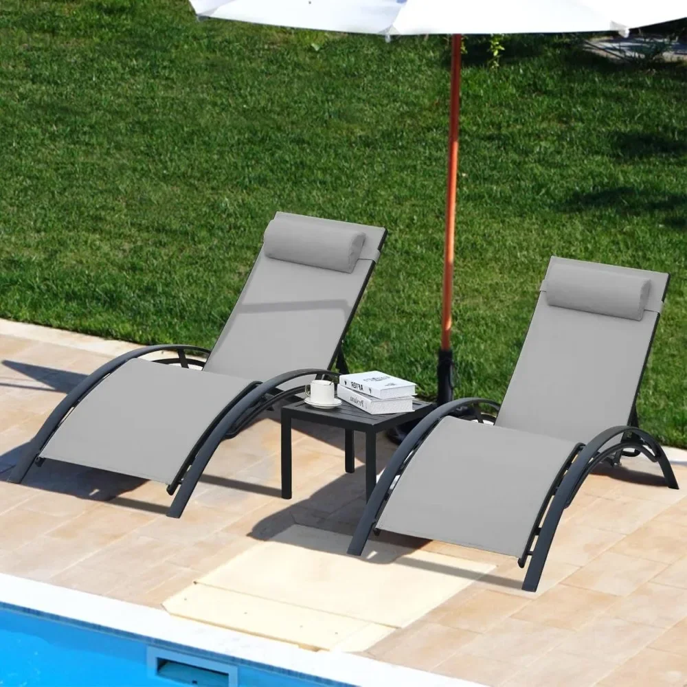 

3 pcs Poolchairs Patio Chaise Lounge Set with Headrest,5-Level Adjustable Sunbathing Tanning Poolside Recliner Chairs with Table