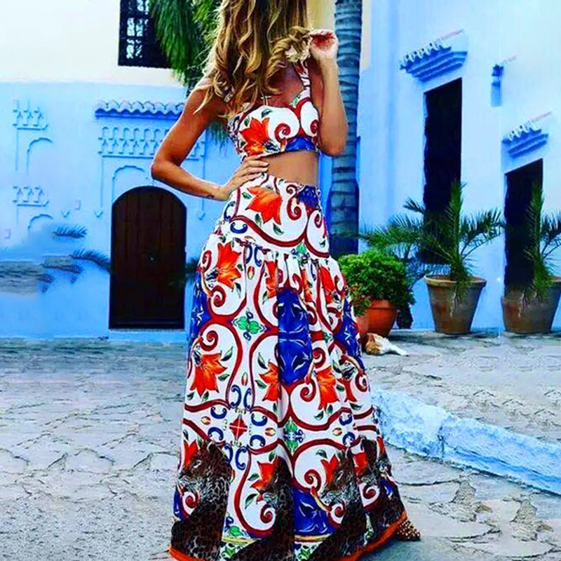 Plus Size Women Boho Dress Two Piece Set Floral Long Maxi Dress Casual Loose Vintage Print Pad Crop Top Summer Beach Dress 2022