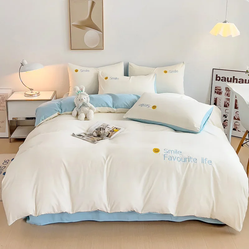 Korean Style Bedding Set Washed Cotton Duvet Cover Set Twin Double Queen Size Quilt Cover Fitted/Flat Sheet Pillowcase Bed Line