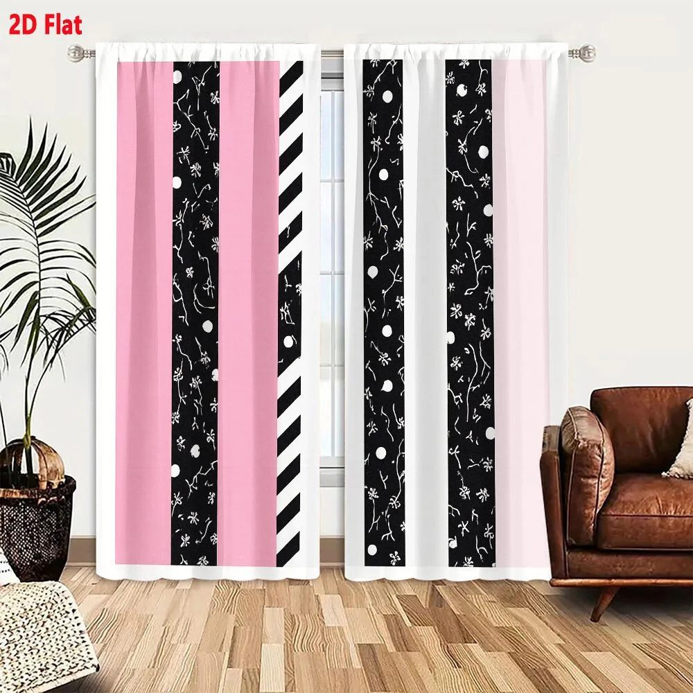 2Pcs Curtains 2D Flat Vertical Strip Pattern Light Pink Black White Polka Dots Floral Diagonal Stripe Decorative Design Window D