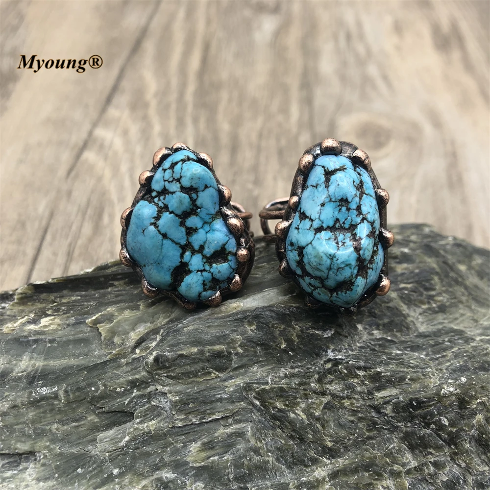 10PCS Boho Jewelry Bronze Plated Soldered Irregular Blue Turquoises Stone Vintage Adjustable Rings MY220629