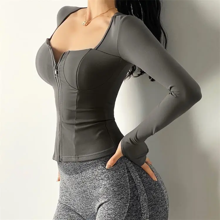 Autumn New Quick-drying Top Long Sleeve Skinny with Chest Pad Gathered Back Suit, Sports Yoga Wear