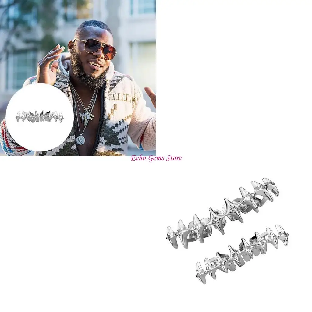 Cool Hip Hop Mouth Grills Star Designs Top and Bottom Grills Set Teeth Grills for Teeth Comfortable Metal Fit C71A