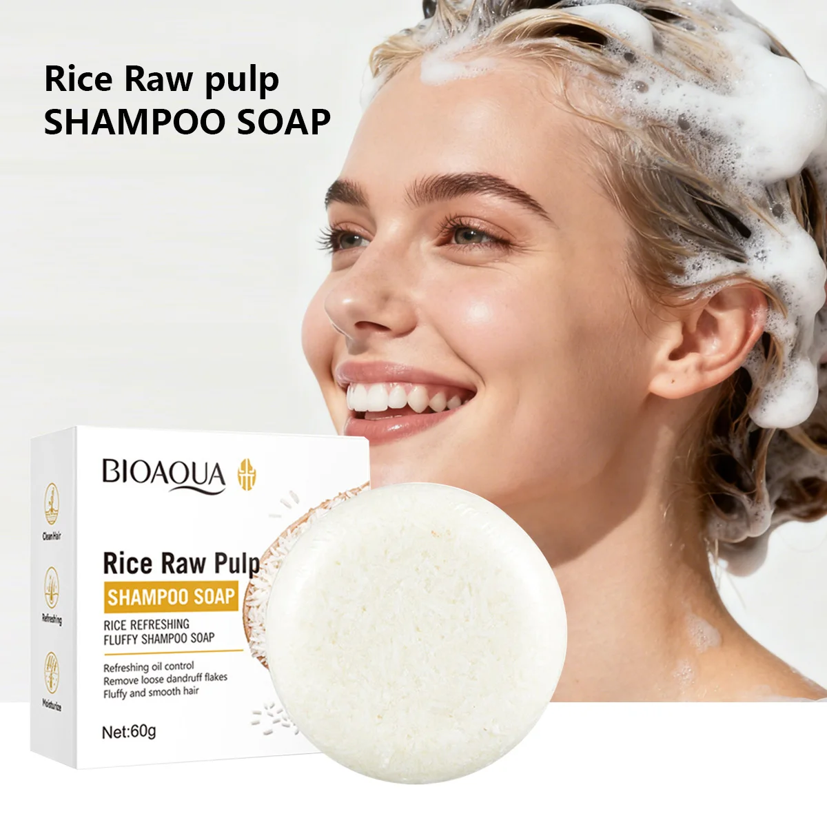 Rice Puree Essence Fluffy Solid Shampoo Bar, Deep Cleaning, Mild Nourishing Hair Care Soap