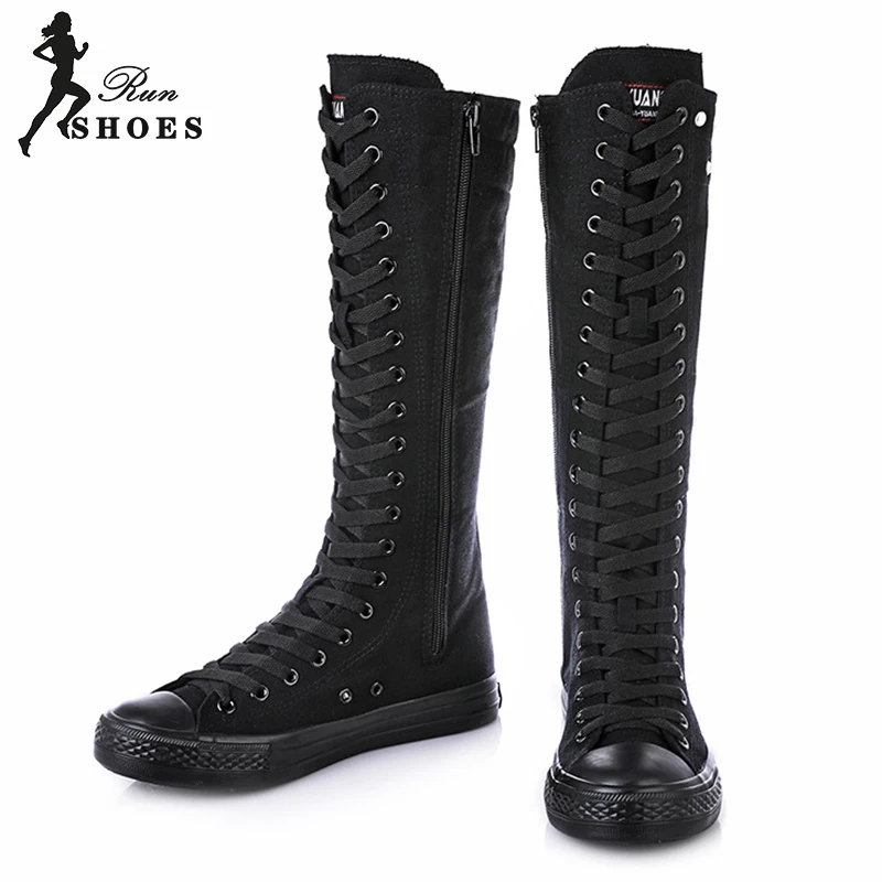 2023 Autumn Long Boot Bling Diamond Zip Canvas Women\'s Casual Sneaker Shoes High Top Round Toe Lace-up Cheerleaders Dance Shoes