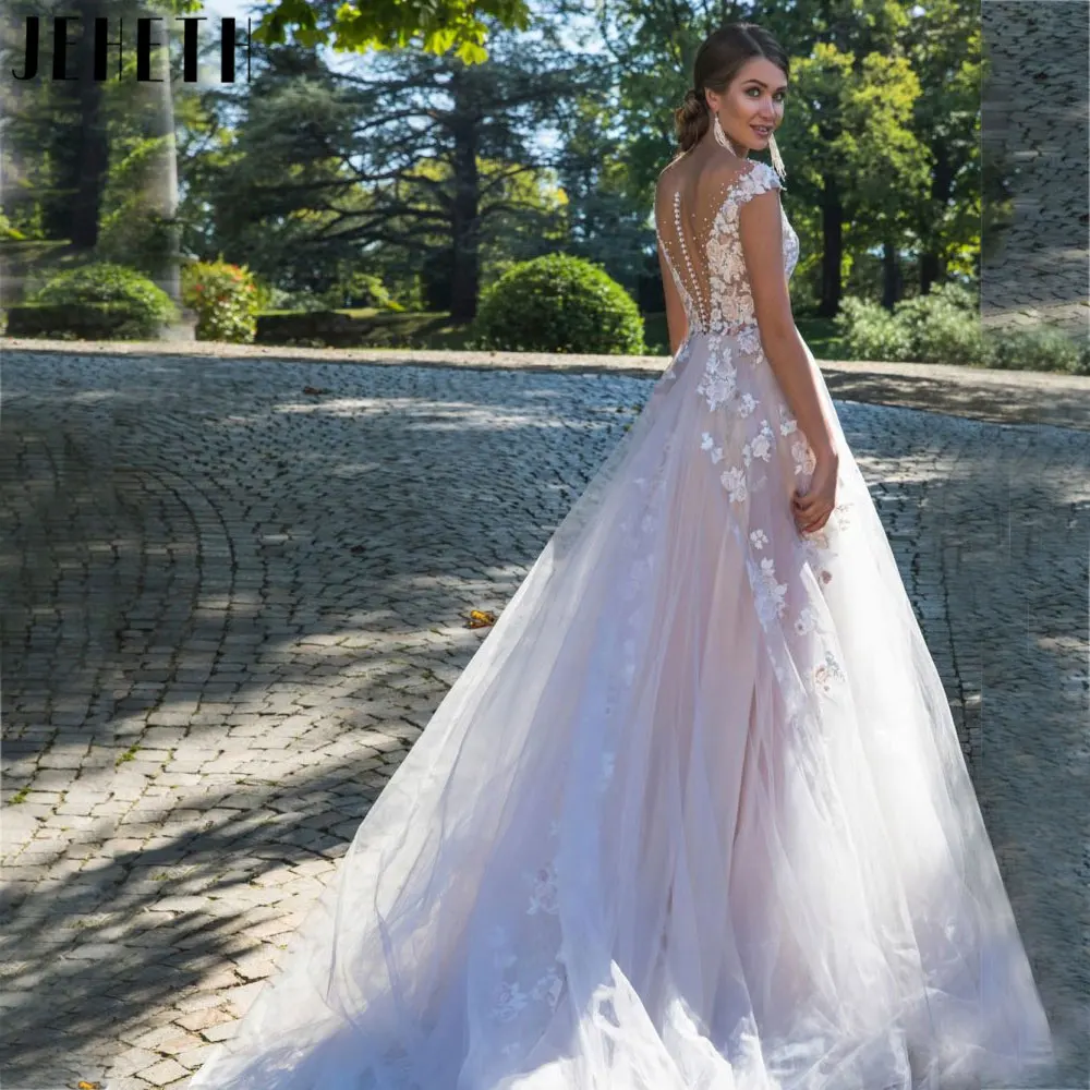 JEHETH Charming A-Line Tulle Vestidos de casamento Apliques clássicos Botões Noiva Vestido Backless Deep V-Neck mangas vestido brancoJEHETH Charming A-Line Tulle Vestidos de casamento Apliques clássicos Botões Noiva Ve