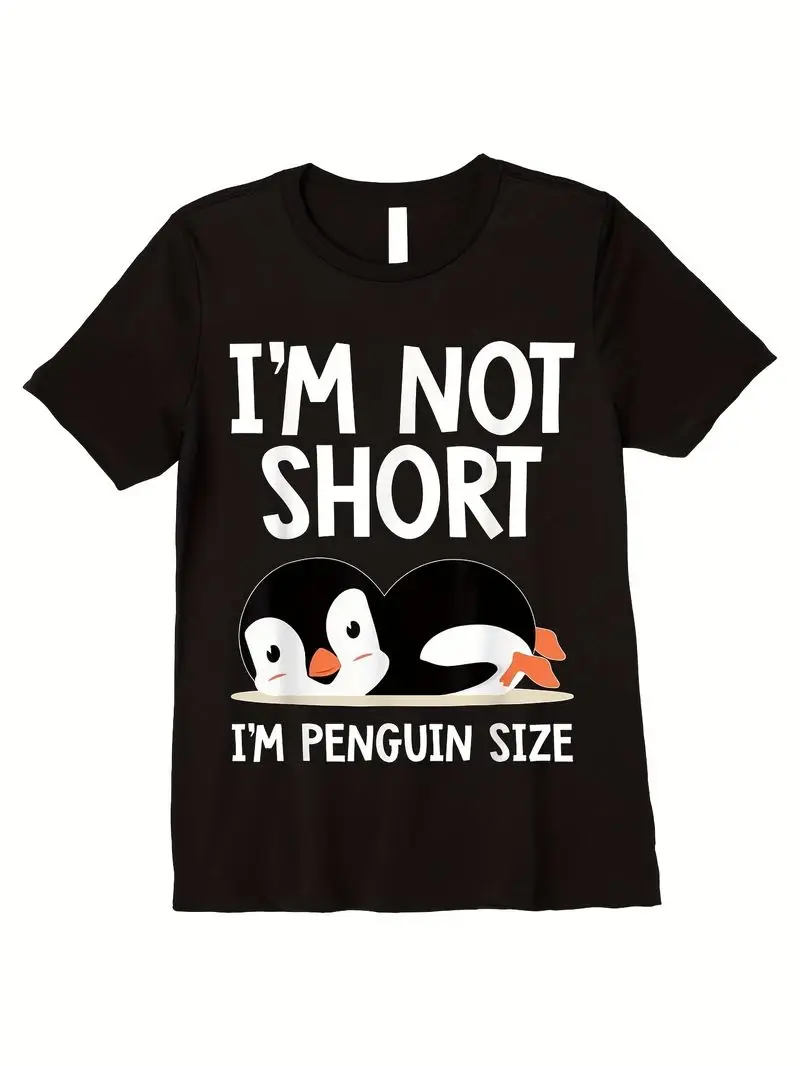 Funny I'm Not Short I'm Penguin Size Men's T-Shirt Cute Penguin Couple Graphic Tee With Penguins Holding Hands Soft Crewneck Sho
