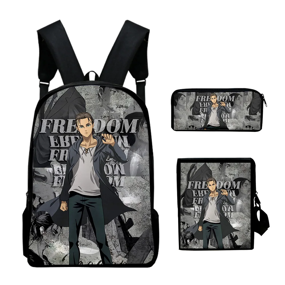 Popular Attack on Titan eren yeager 3D 3pcs/Set pupil School Bags Laptop Daypack Backpack Inclined shoulder bag Pencil Case