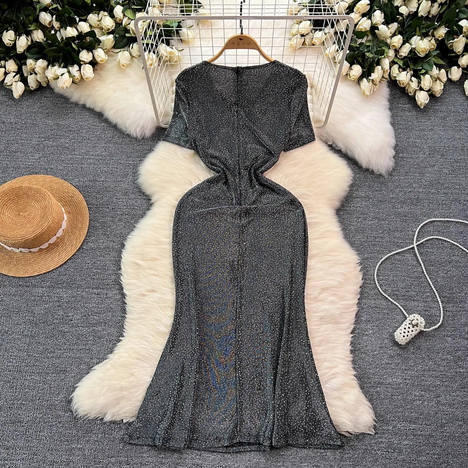 New Summer Women Fashion Elegant V Neck Short Sleeve Mermaid Crystal Glitter Shiny Bodycon Party Evening Casual Dresses