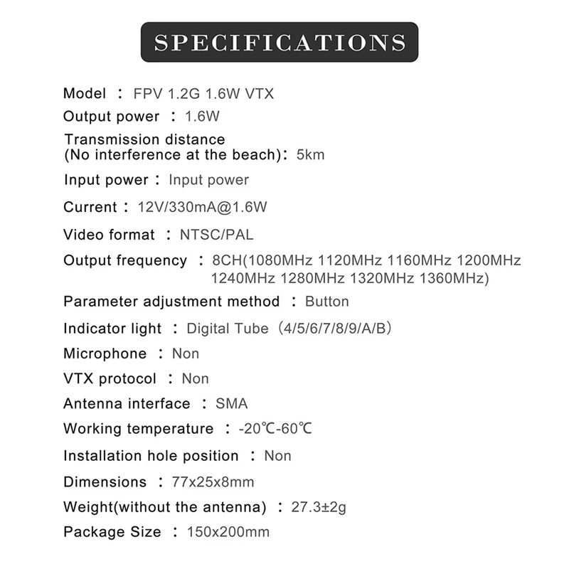 1.2G 1.3G 1.6W 8CH FPV VTX+Antenna 0.1Mw/25Mw/800Mw/1600Mw VTX Transmitter For Long Range FPV Drone RC Model