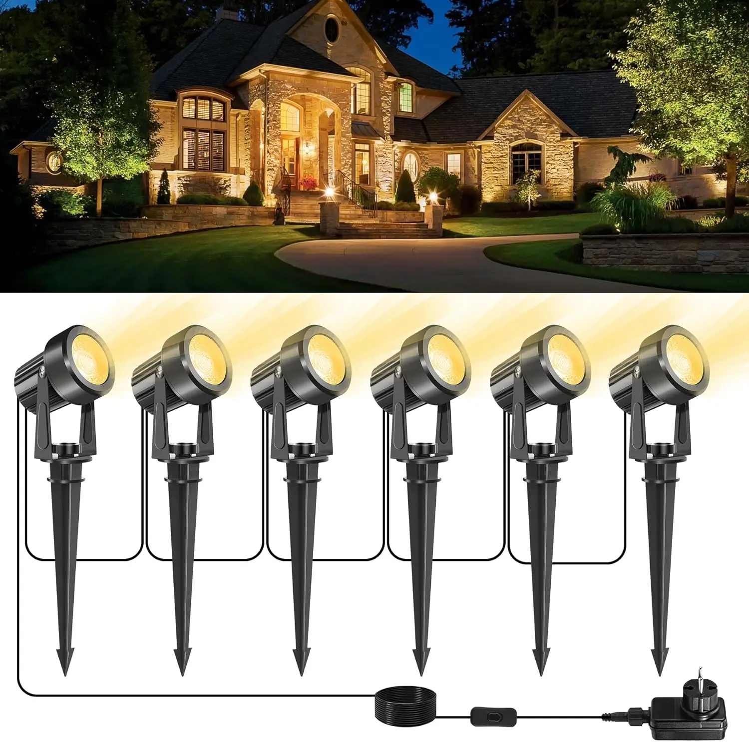 

6LEDS Garden Spotlight 3000K Outdoor Landscape Yard Lighting EU/US/UK Plug Wateproof Countyard Street Lawn Lamp for Tree Decor