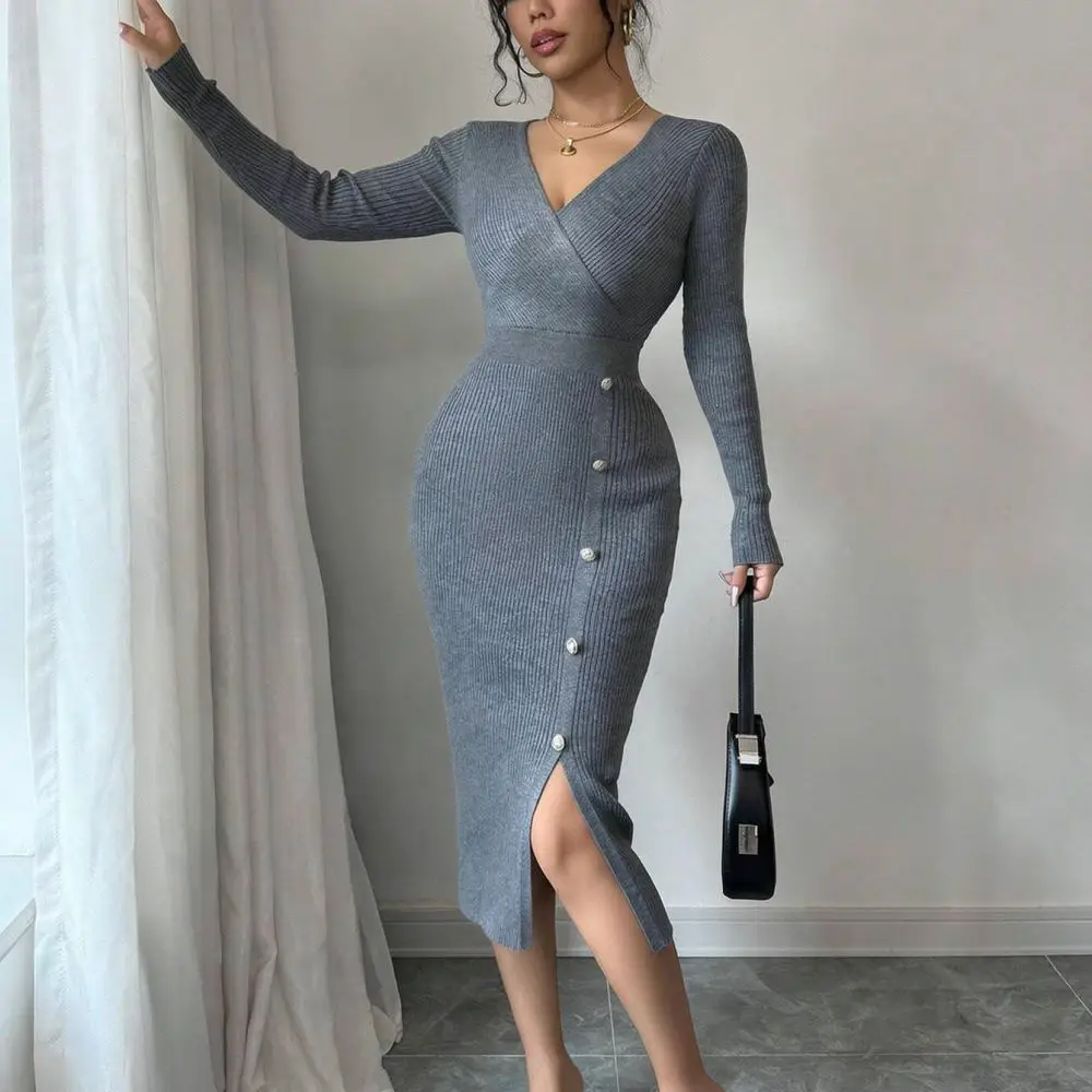 Womens Autumn Winter Knit Dress French Style Slim Bodycon V Neck Long Sleeve High Waist Casual Party Commuter Dresses