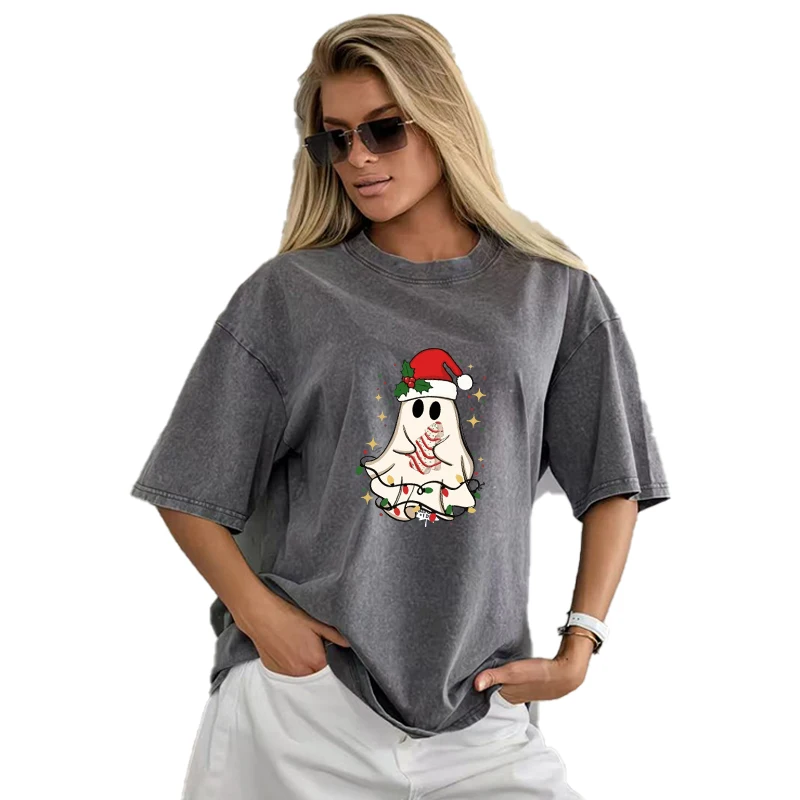 

Christmas-themed women's casual water-washed short-sleeved loose basic style round-neck design with Christmas patterns