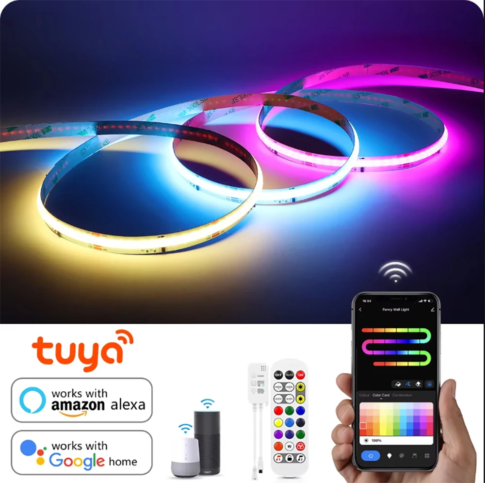 WS2811 Tuya WiFi COB RGBIC RGB LED Strip with RF Remote Music Sync Dream Color Party Room Ceiling Christmas Decoration Lights12v