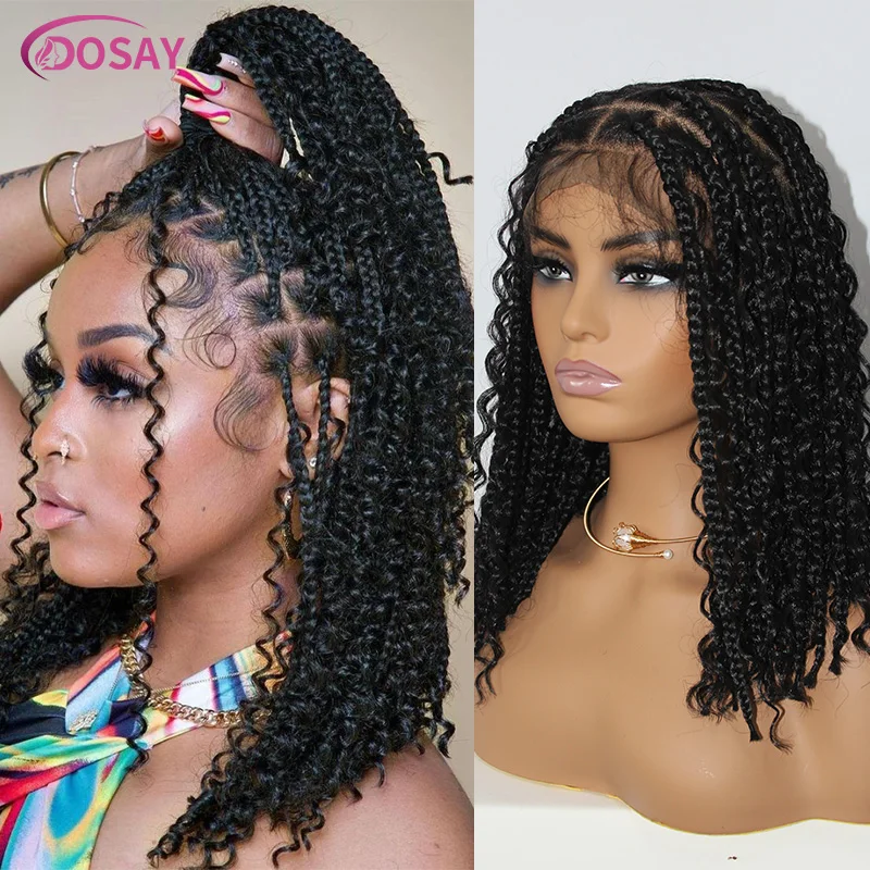 Wig Bob kepang keriting Bohemian pendek 12 inci Wig depan renda penuh kotak tanpa simpul Wig Bob kepang sintetik wanita kepang dewi Cornrow