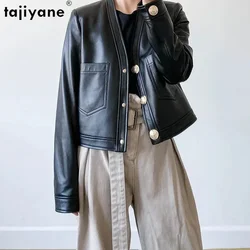 Tajiyane Veste en cuir de mouton véritable, Blouson court décontracté à col en V, Manteau en cuir véritable noir