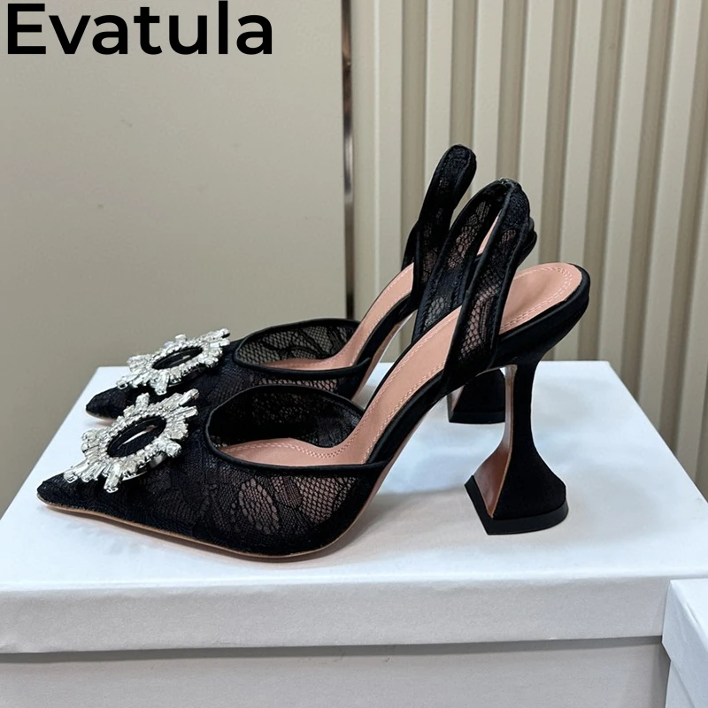 2025 Summer Black Lace Goblet High Heel Sandals Women Pointed Toe Crystal Buckle Slingbacks Pumps Sexy Party Wedding Shoes Femme