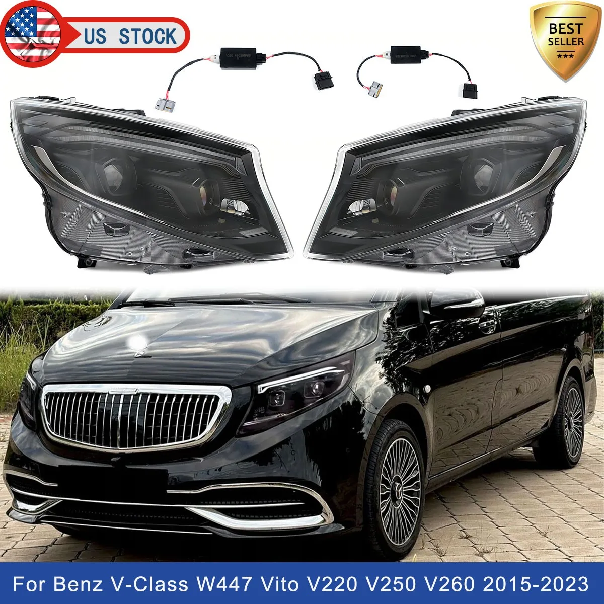 Pair LED Front Headlights For Mercedes Benz V-Class W447 Vito V220 V250 2016 2017 2018 2019 2020 2021 2022 2023 Head light lamp