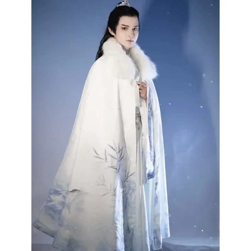 2023 Winter Original White Bamboo Printed Hanfu Dress with Warm Cloak Chinese Style Hanfu for Men Swordsman Cosplay Costumes